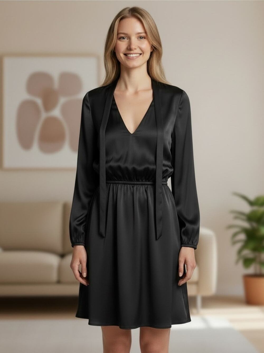 DIVIDED Women’s 2 Black Satin Long Sleeve Mini Dress